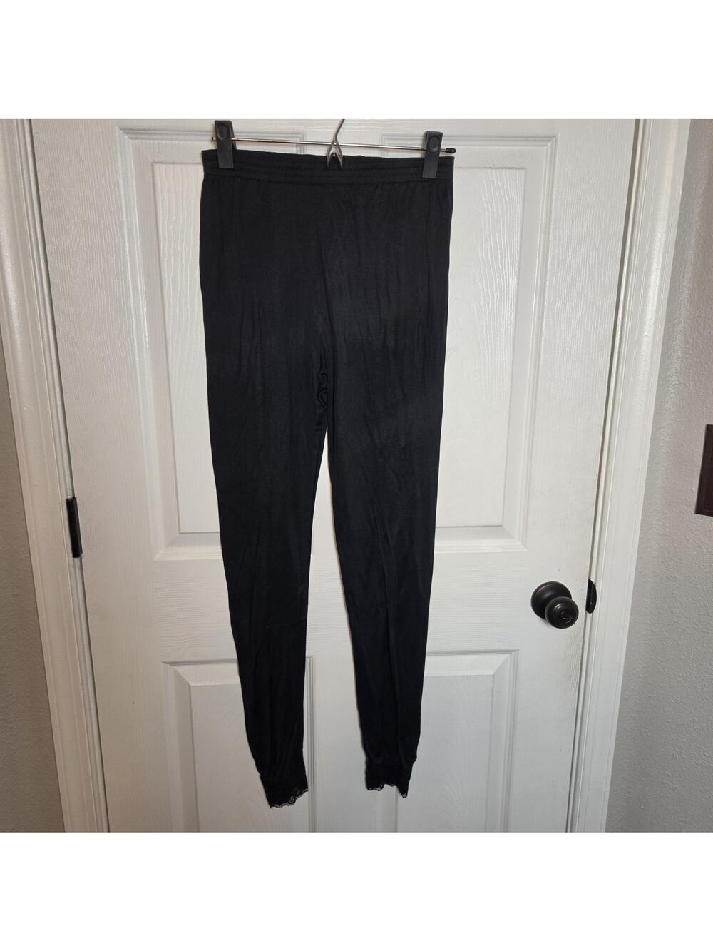 WinterSilks Pajama Pants Womens Small Black Silk Lace Cuff Lounge Sleepwear Base